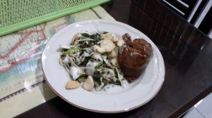 Gado-gado that was bought to go and eaten at home. The peanut sauce is on the side so you can see the mix of veggies and noodles and slices of compressed rice that make up the bulk of this dish. I fried tofu to add some protein.