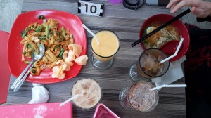 One person, one dish, two drinks. Livin' large in Indonesia. 