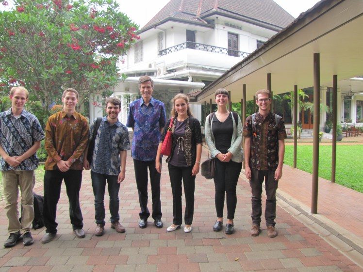 Ambassador Blake came out to personally greet us. He's an affable man, which isn't surprising given his profession. He is the tall one in the center wearing some nice indigo batik.