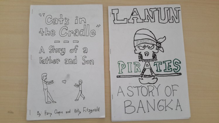 My example storybook using the song "Cat's in the Cradle" along with one group's story about Lanun, a famous pirate in Bangka. 