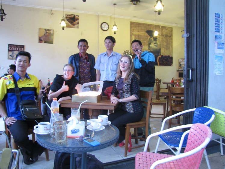 Some of the bapaks we have befriended at Kingkong. Macho, the serious-looking one in the middle, is probably one of the funniest and quickest to laugh despite his somber face. In this photo Caitlin and I brought over some cupcakes from my birthday bash and celebrated my birthday on the actual day.