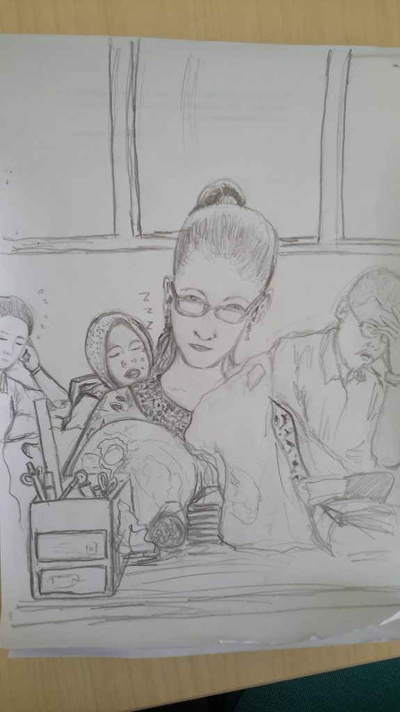 Pak Feri's draing of me drawing him. He's an art teacher, which is kinda easy to see. Note the teachers sleeping in the background. 