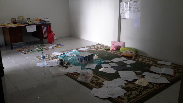 Step 1: Bring home all the stuff I've ever written, drawn, printed, or otherwise created for use in English class. Scatter all over the place.