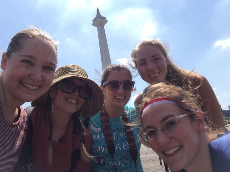 From left to right: Mackenzie, Sam M., Grace, Sam, and Me. Monumen Nasional (Monas) is the spire in the background.